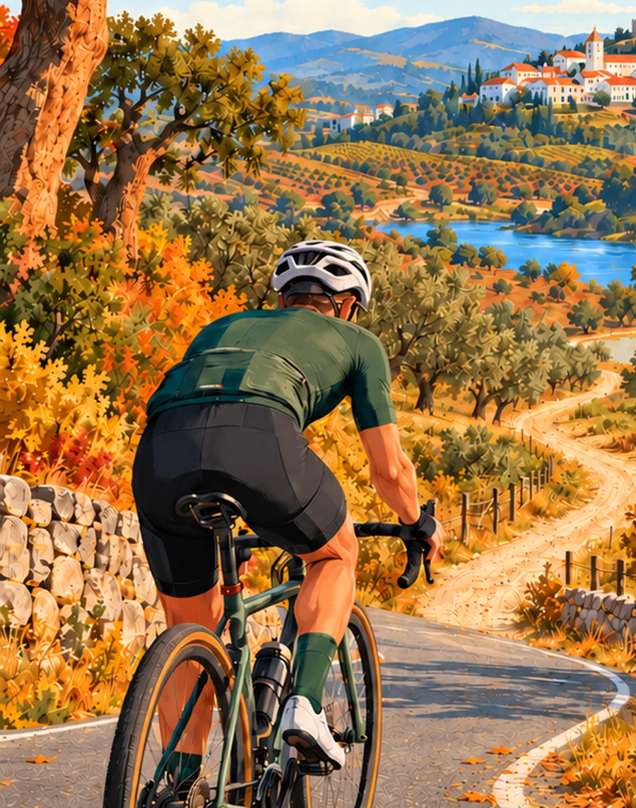 Ilustração de um ciclista numa paisagem portuguesa de outono
